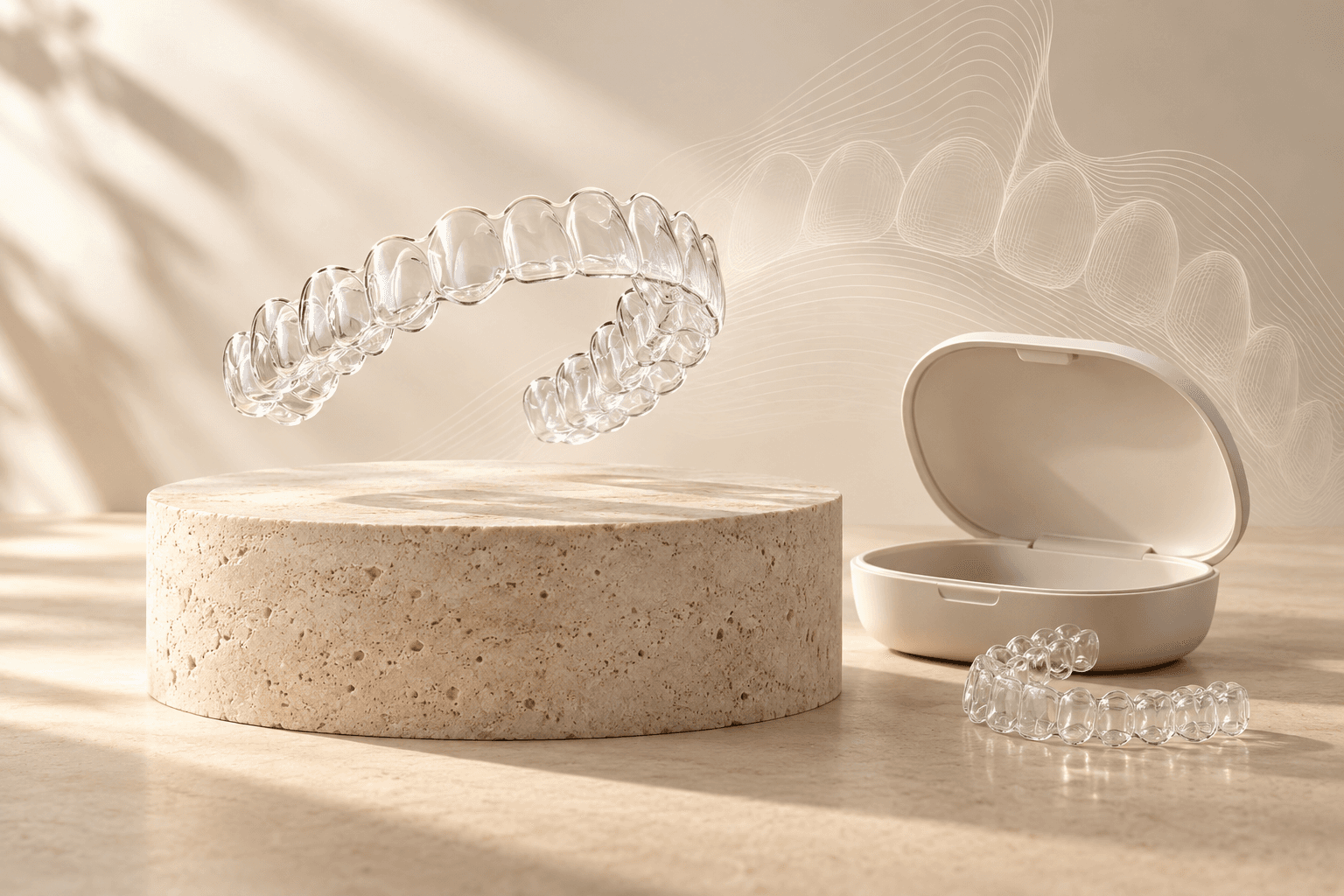Illustrative clear aligners and carrying case on a sandstone pedestal